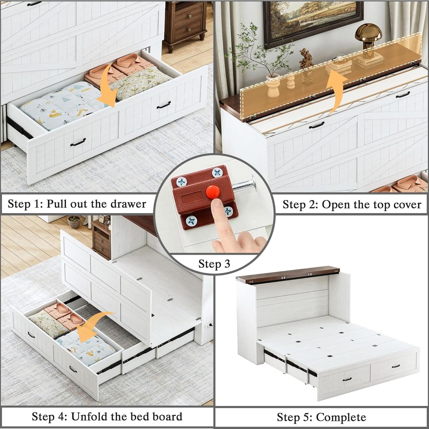 Queen Murphy Bed Frame Integrated Charging Station White