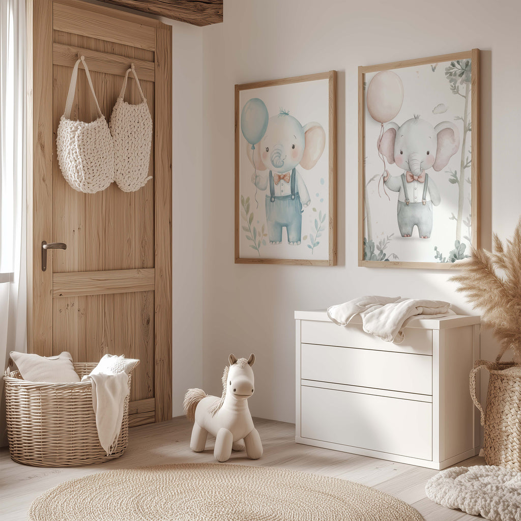 Niedliches Elefanten Kinderzimmer Poster · Aquarell Elefant mit Ballon · Babyzimmer Wanddeko · Pastell Tierillustration · Print ohne Rahmen-1