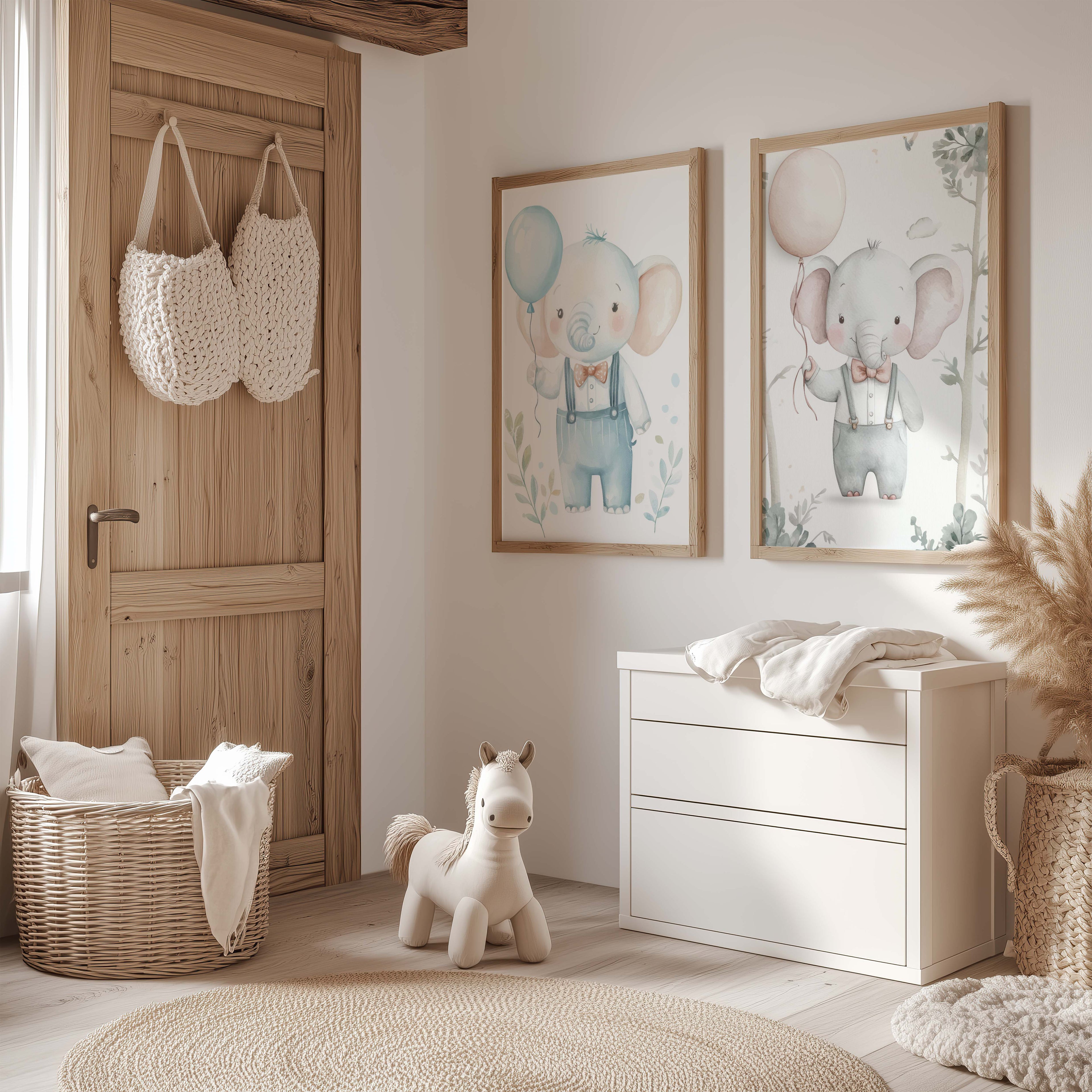 Niedliches Elefanten Kinderzimmer Poster · Aquarell Elefant mit Ballon · Babyzimmer Wanddeko · Pastell Tierillustration · Print ohne Rahmen-1