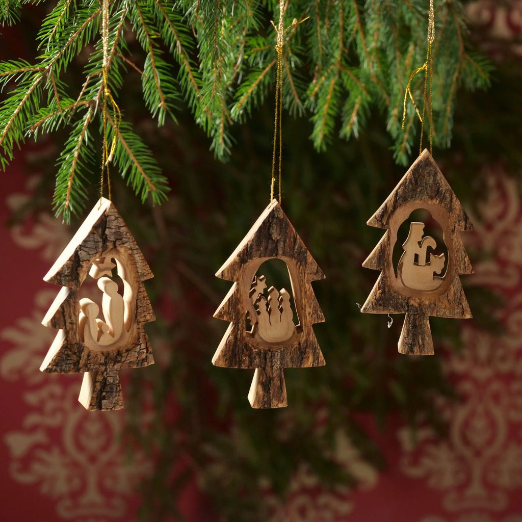 Christmas tree decorations, nativity scene in a fir tree with bark, set of 3