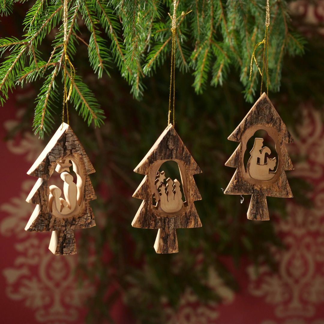 Christmas tree decorations, nativity scene in a fir tree with bark, set of 3