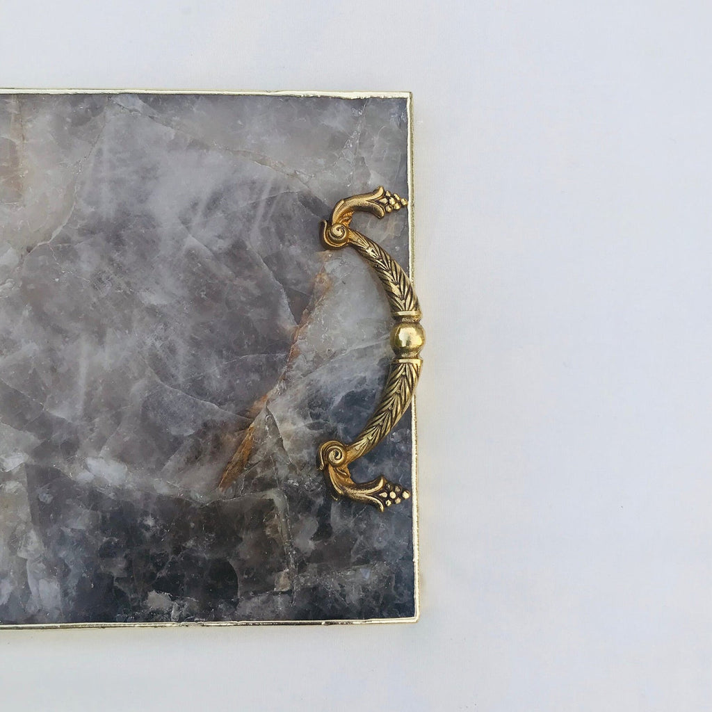 Smoky Quartz Agate  Serving Tray With Brass Handles-3