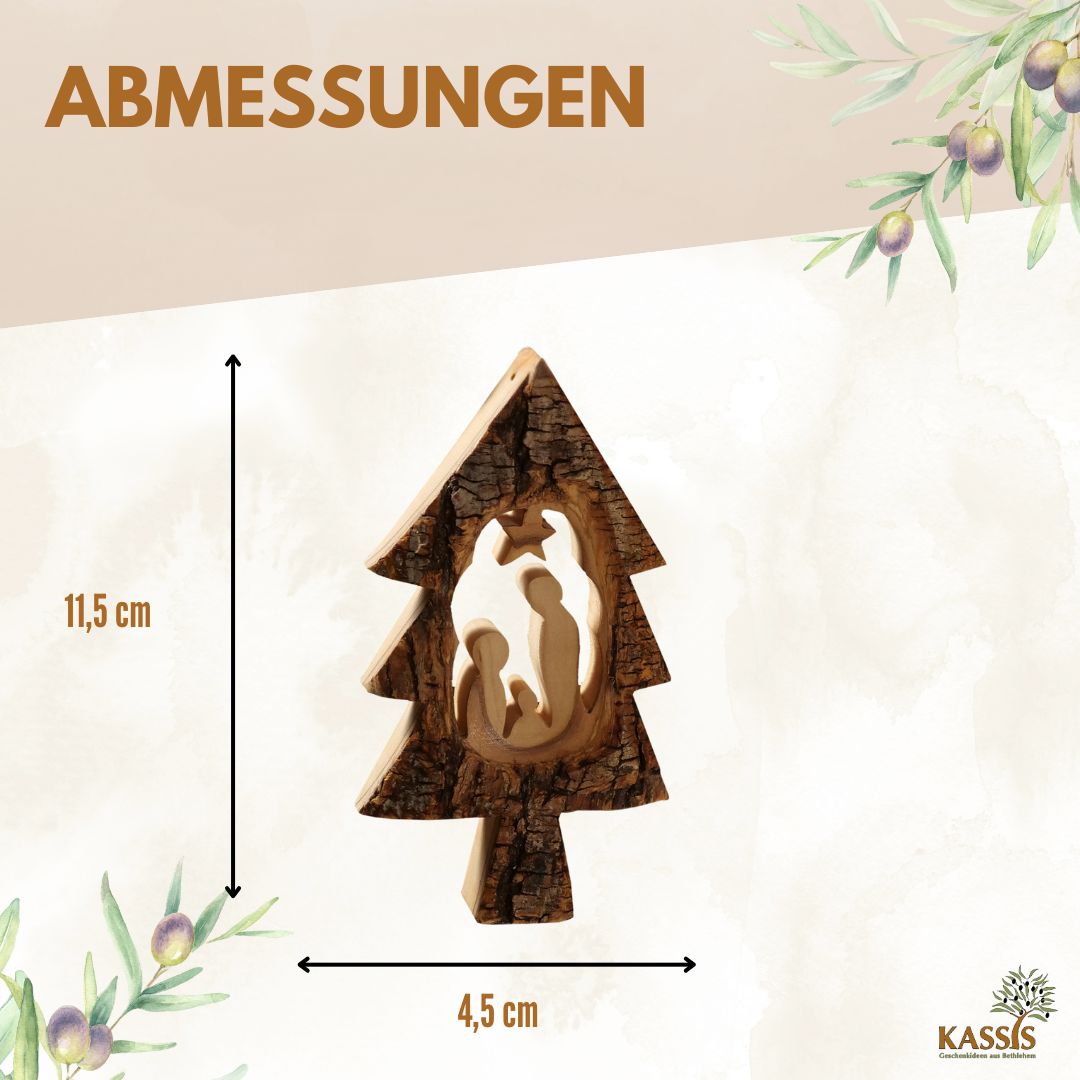 Christmas tree decorations, nativity scene in a fir tree with bark, set of 3