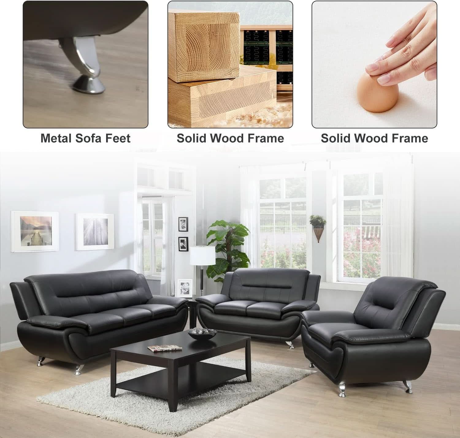 Leather Sofa and Loveseat Set for Living Room Black Leather Furniture-3