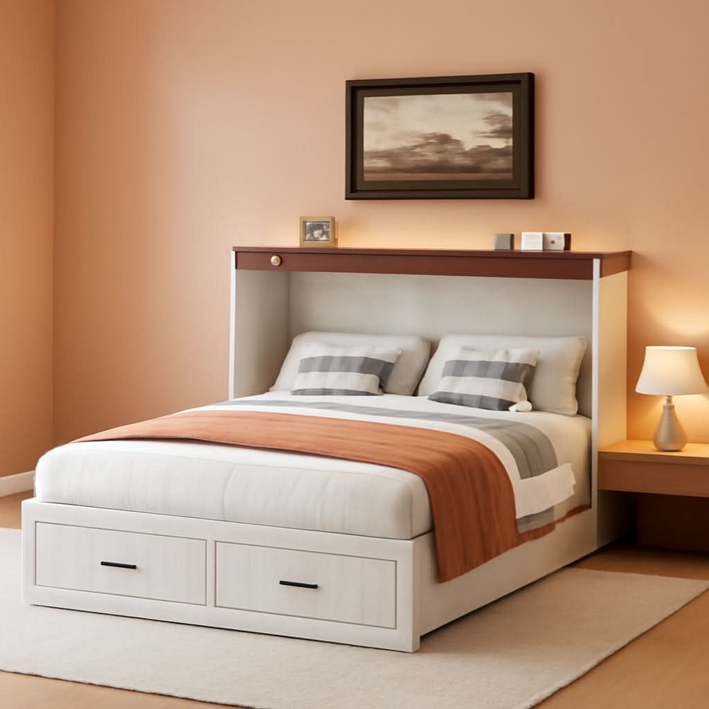 Queen Murphy Bed Frame Integrated Charging Station White