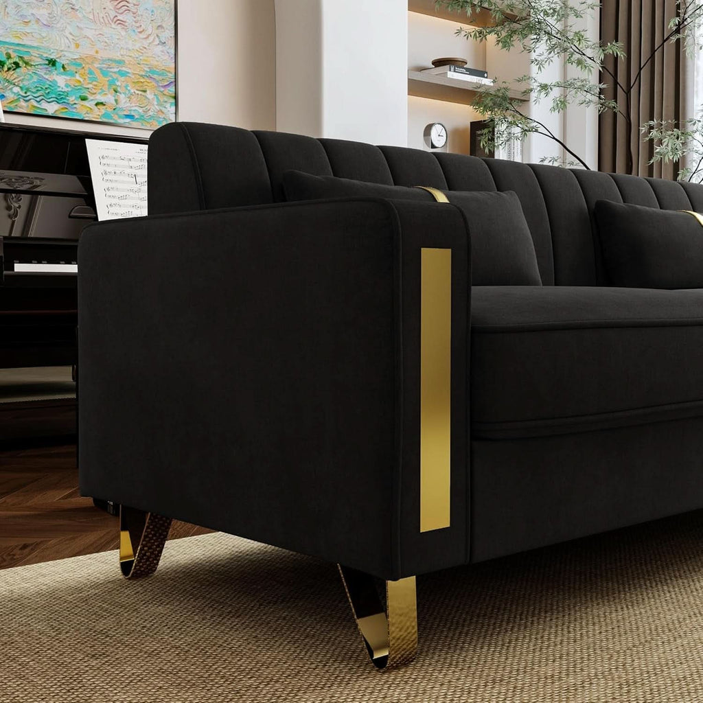 Two Piece Loveseat Sofa Set For Living Room 86 Inch Black Velvet Upholstery Quality Living Room Furniture-3