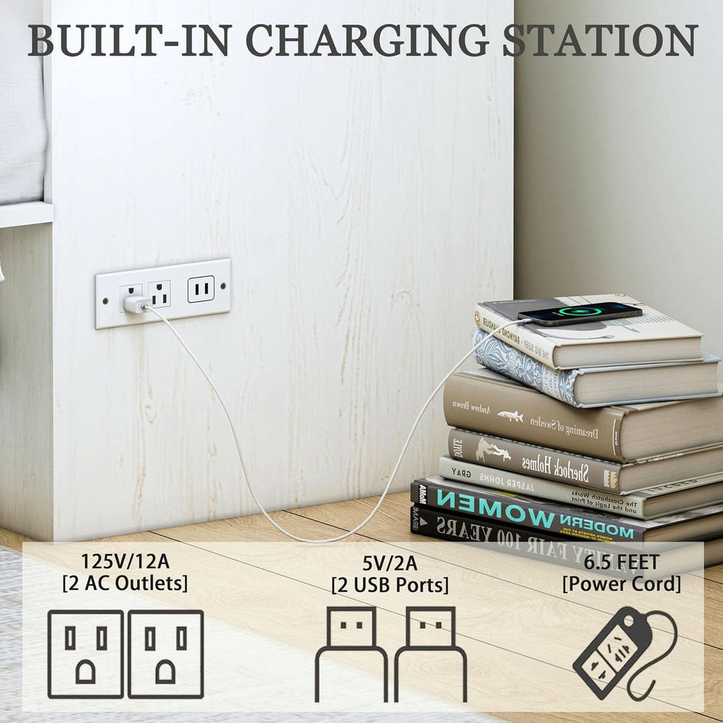 Queen Murphy Bed Frame Integrated Charging Station White