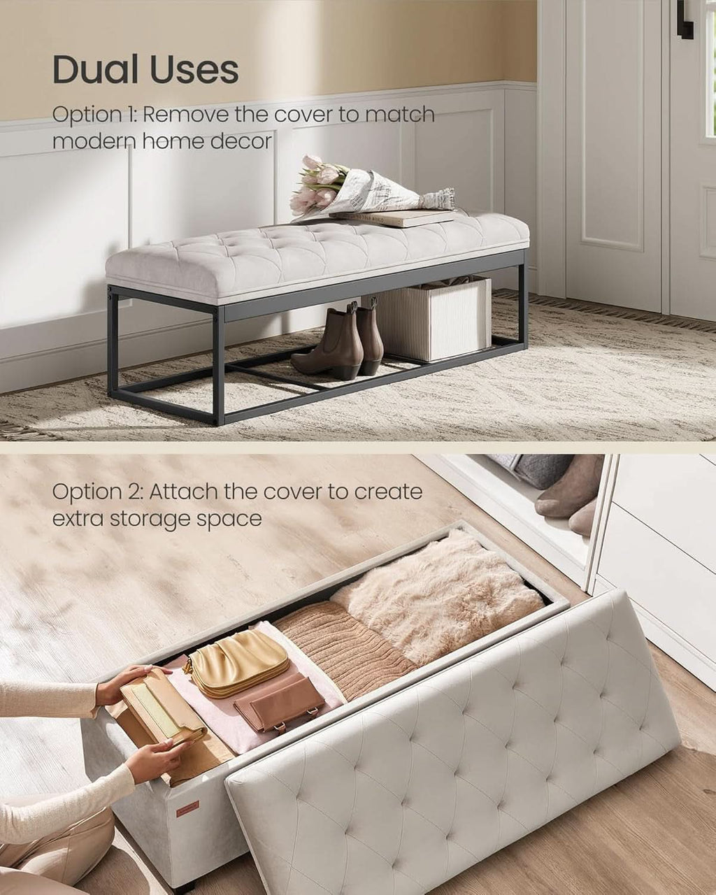 Cream Storage Ottoman Bench 43Inch Living Room Furniture-3