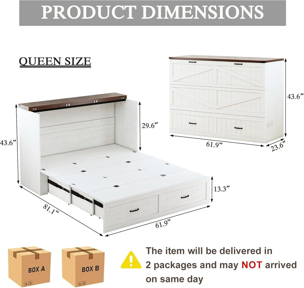 Queen Murphy Bed Frame Integrated Charging Station White