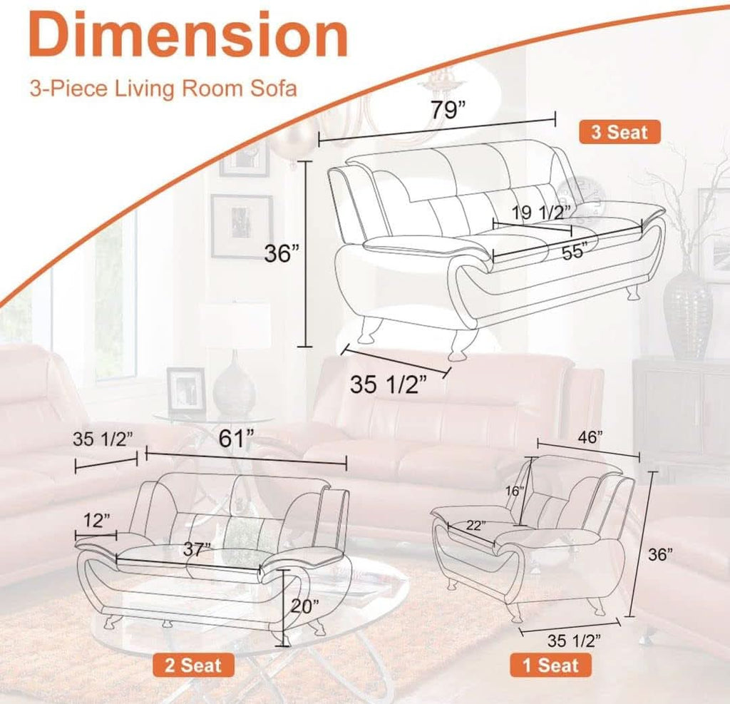 Faux Leather Sofa Set 3 Piece Living Room Furniture-2