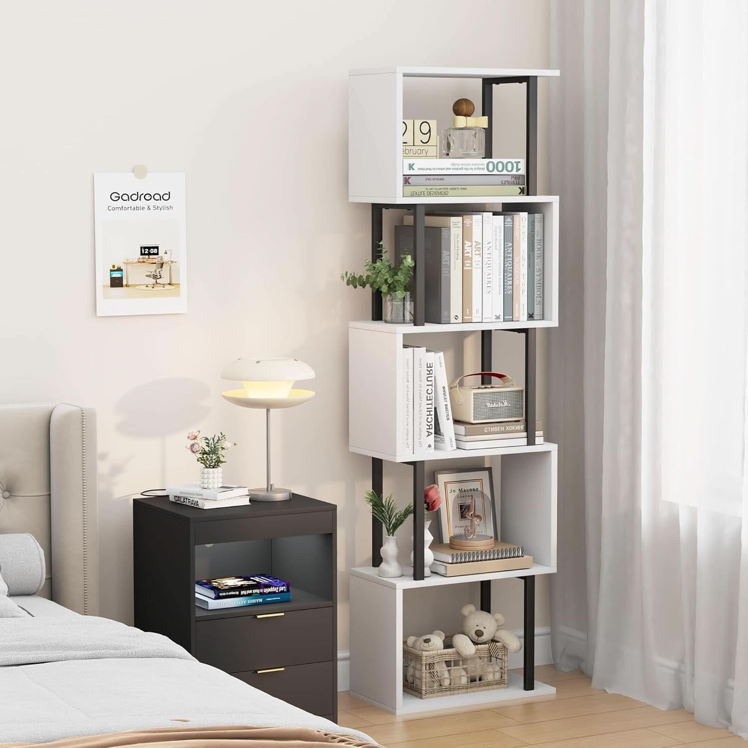Five Tier Bookshelf White Bookcase Living Room Furniture-1