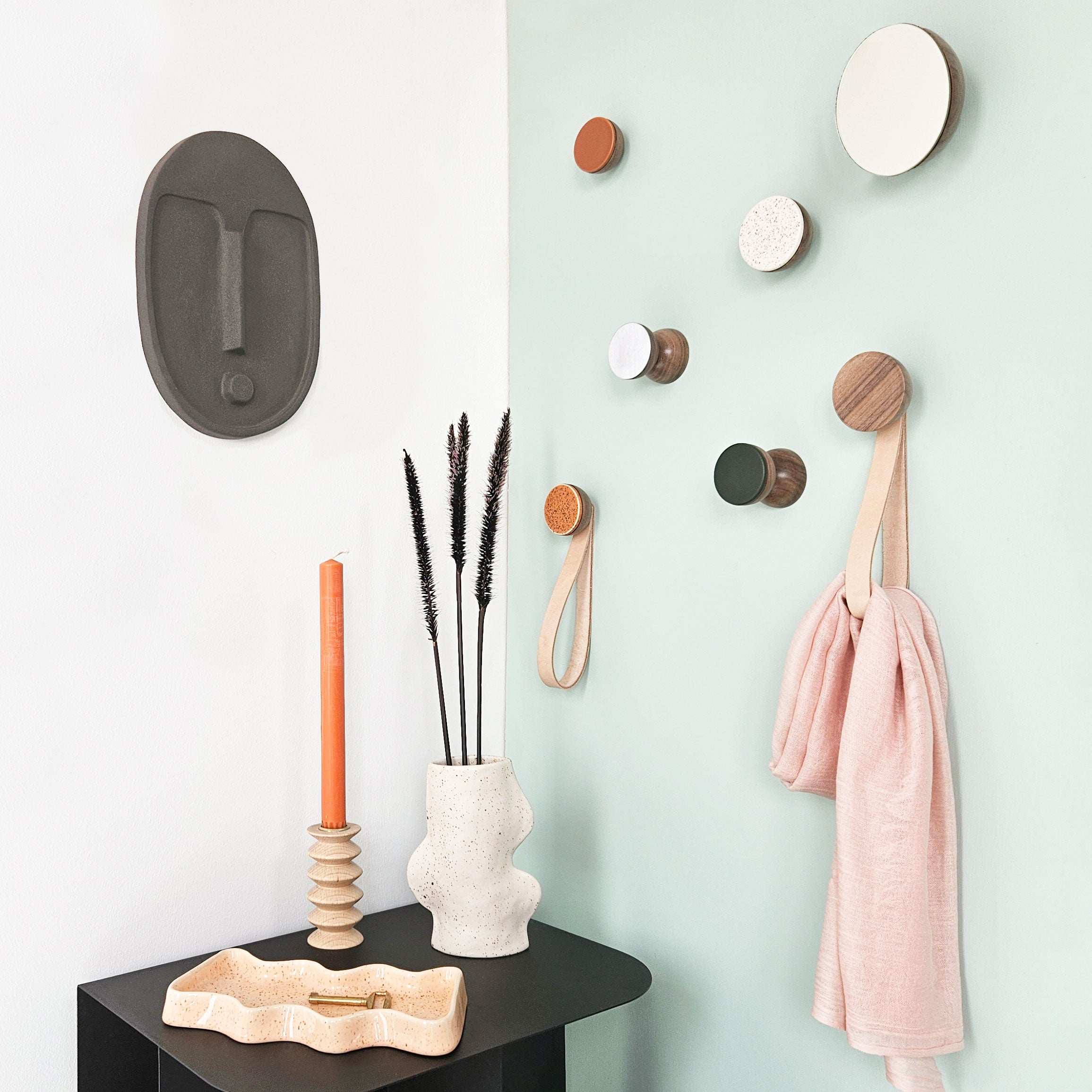 Geometric Walnut Wood & Ceramic Wall Mounted Coat Hook / Knob - Dark Green-3