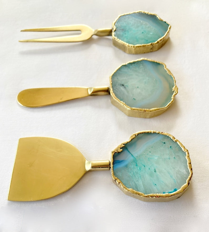 Set of 3 Aqua Agate Cheese Knives/Spreaders-2