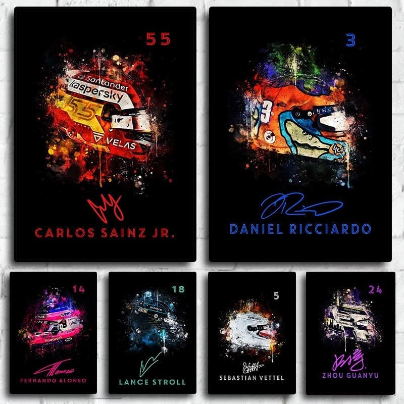 Poster Formel 1 Helm Aquarell Rennfahrer Name Unterschrift Rennnummer · Deko Print ohne Rahmen-0