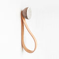 Round Walnut Wood & Ceramic Wall Mounted Coat Hook / Hanger with Leather Strap - Speckled White-0