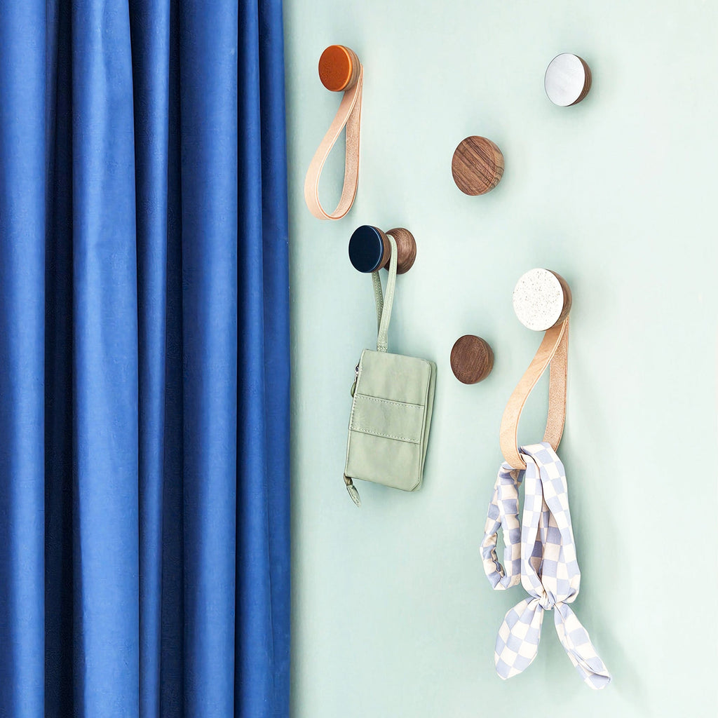 Round Walnut Wood & Ceramic Wall Mounted Coat Hook / Hanger with Leather Strap - Speckled White-3