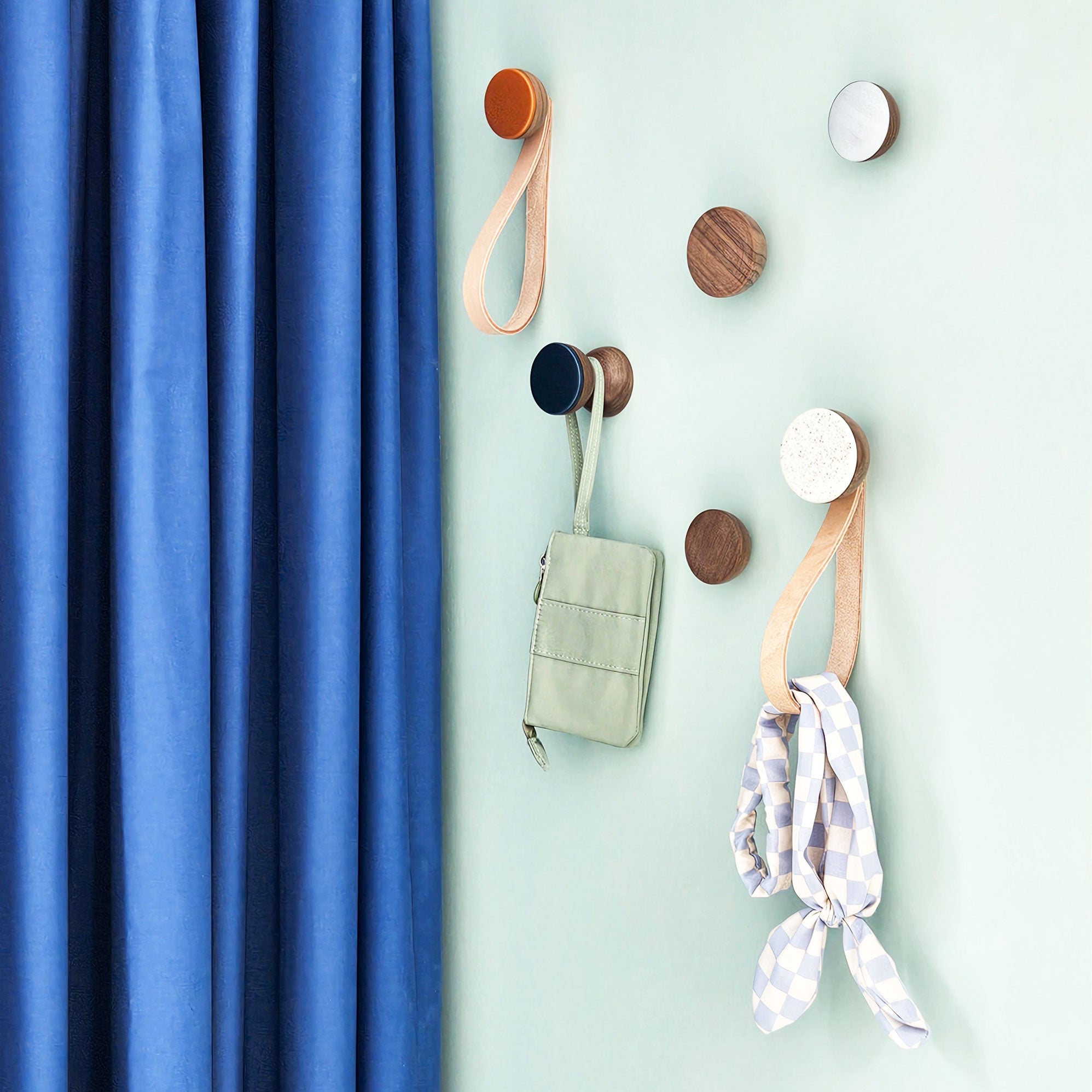 Round Walnut Wood & Ceramic Wall Mounted Coat Hook / Hanger with Leather Strap - Speckled White-3