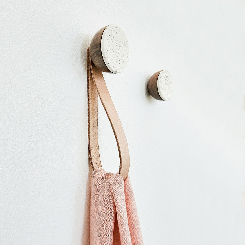 Round Walnut Wood & Ceramic Wall Mounted Coat Hook / Hanger with Leather Strap - Speckled White-2